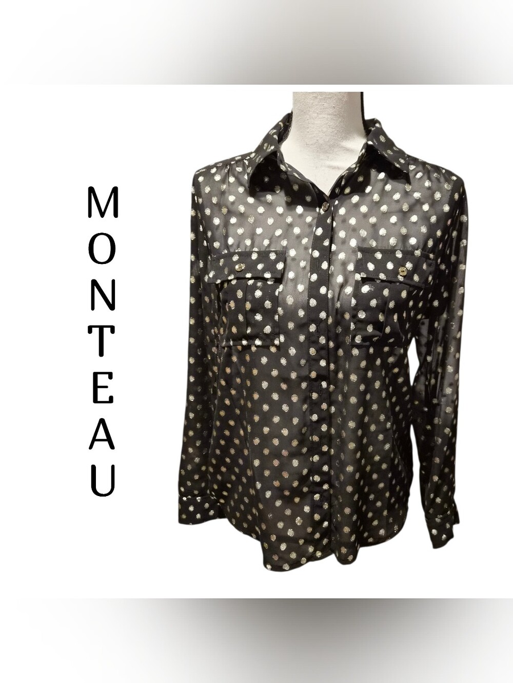 Monteau Black Blouse with Gold Polka Dot Print Size Medium
